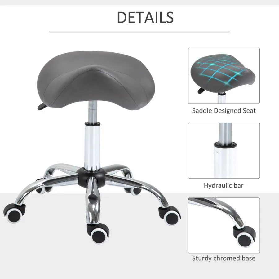 Ergonomic Rolling Saddle Stool PU Leather Hydraulic Spa Stool Height Adjustable Swivel Drafting Medical Salon Chair Grey