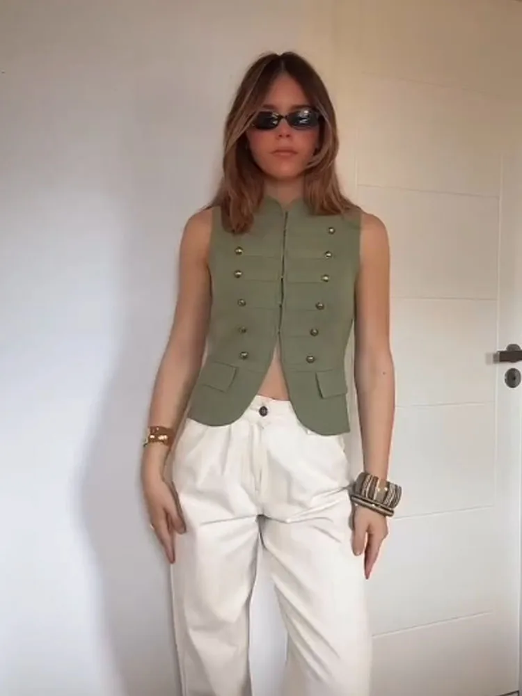 

HH 2026 Summer Woman Stand Collar Sleeveless Casual Knitted Vest Top Women Fashion Single Row Hidden Button Decoration Short Top