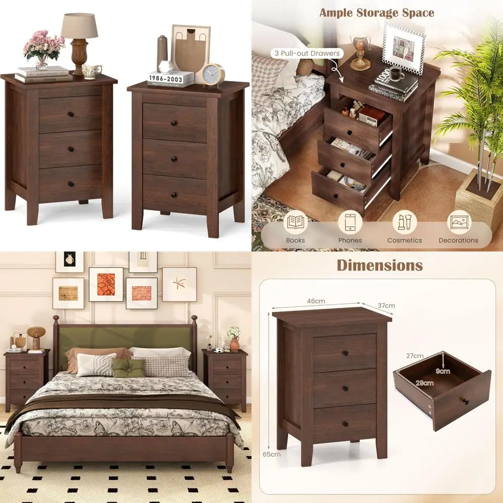 

Two-Piece Nightstand Set with 3 Drawers, Wooden Walnut Bedside Table with Storage and Round Metal Handles, Vintage Style