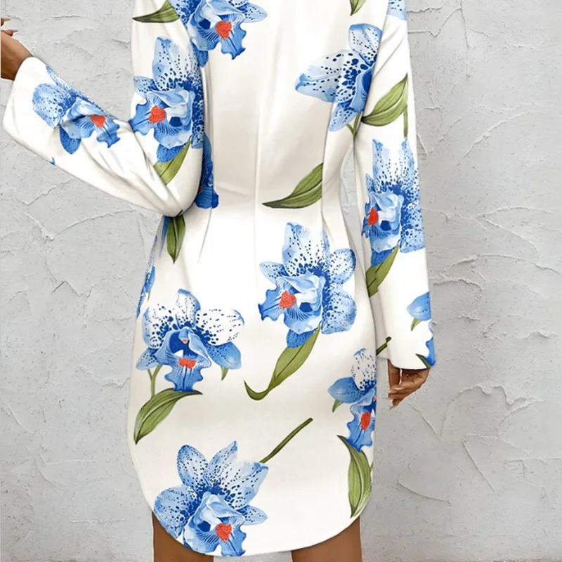 Fashionable and elegant ladies printed lapel button-down shirt dress, simple temperament, all-match commuter loose long skirt
