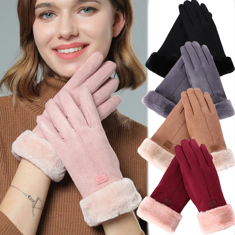 Women Winter Gloves Warm Cashmere Cute Fur Mittens Suede Outdoor Thicken Plush Glove Windproof Cycling Full Finger Gloves Screen