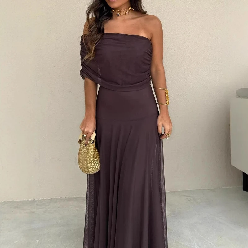 Vrouwen diagonale kraag zomer effen lange jurk vrouwelijke mouwloze backless geplooide feestjurk 2023 casual streetwear maxi-jurken