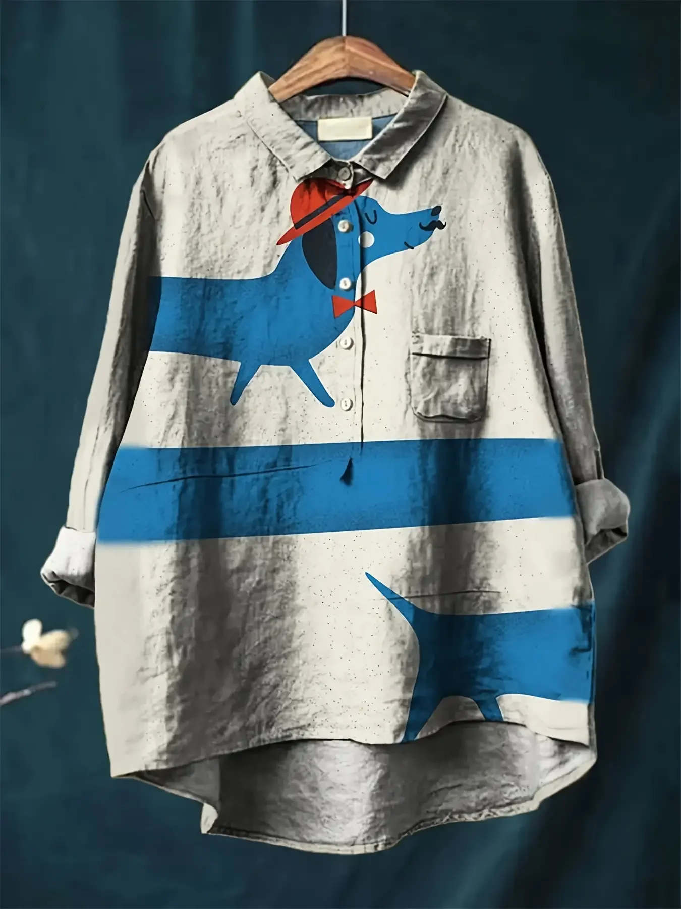 قميص نسائي بياقة مطبوعة جديدة - بلوزة فضفاضة كبيرة الحجم بأكمام طويلة مع حاشية غير متماثلة وجيب على الصدر، طراز قديم