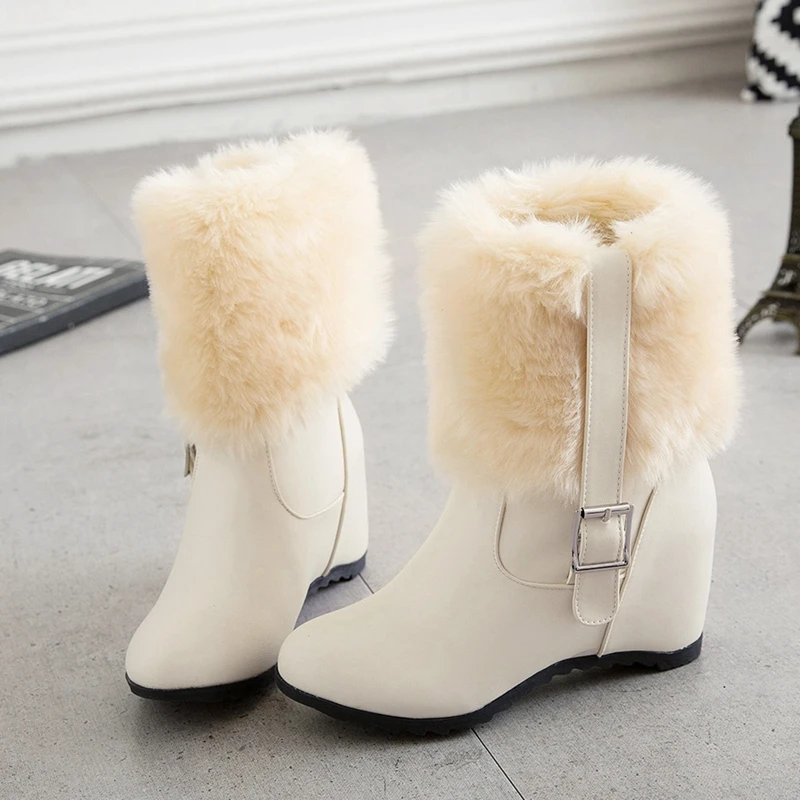 REAVE CAT Fur Midcalf Boots Waterproof 7cm Hidden Wedge Heel 2022 7cm Chunky Heels Small Big 33-43 S2419