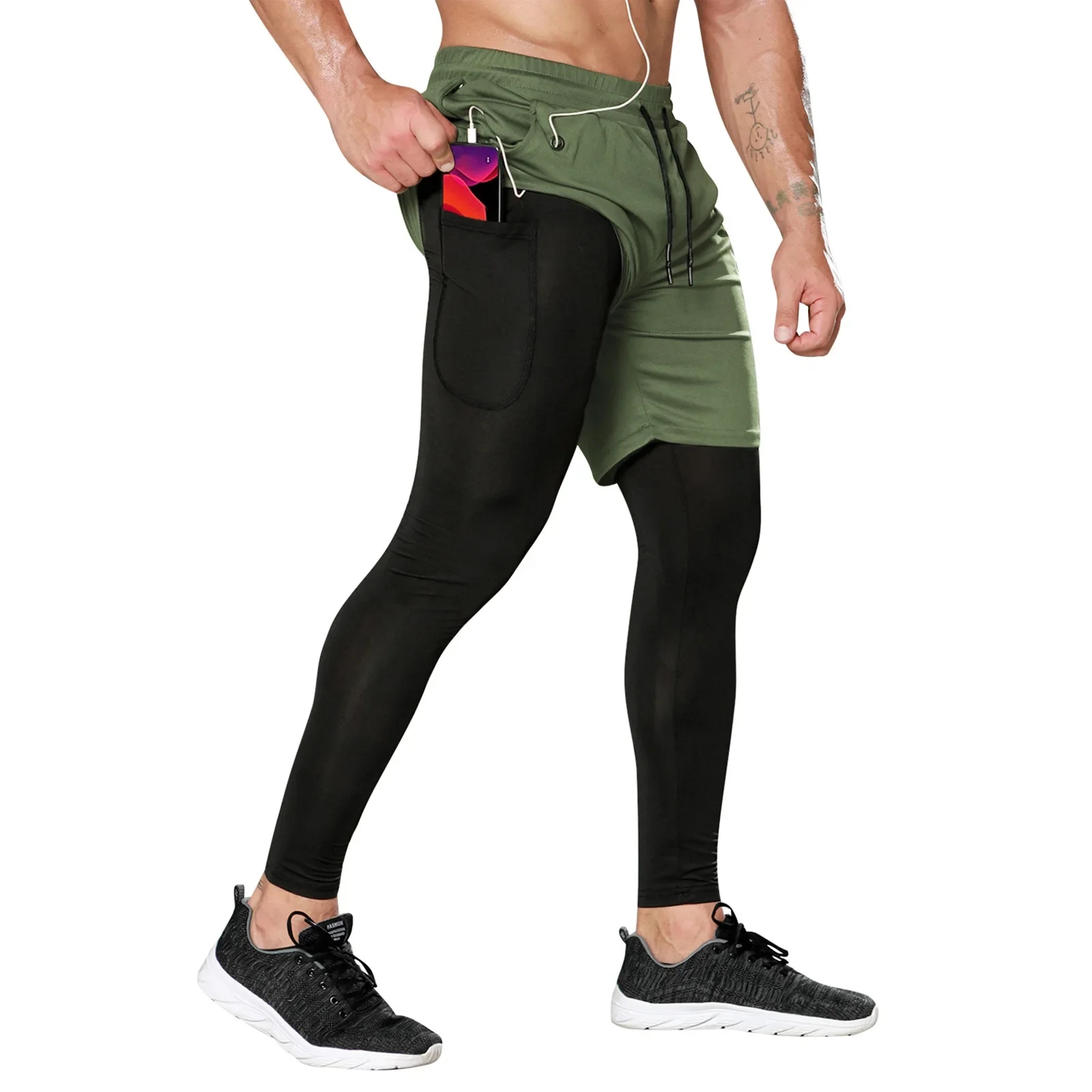 Men's Sports Pants with Phone Pockets Gym Pants Man with Shorts Fitness Wear Workout Leggings Running Tights Training Trouser