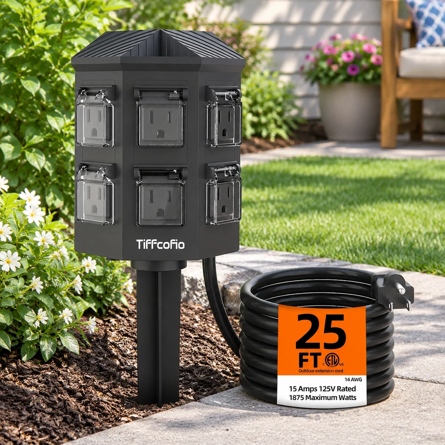 Outdoor Power Strip Weatherproof, 25 FT Extension Cord with Stake, 6 Grounded Outlets for Yard, Pool and Garden Decorations