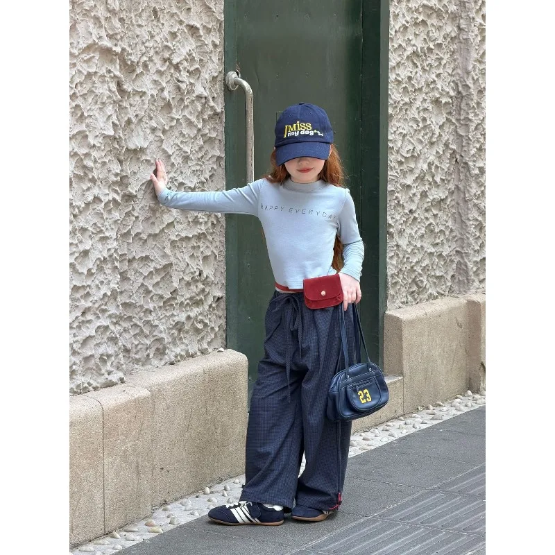 Children's Clothing 2026 Baby Girls New Spring Summer Autumn Navy Blue Simple Casual Plaid Work Pants