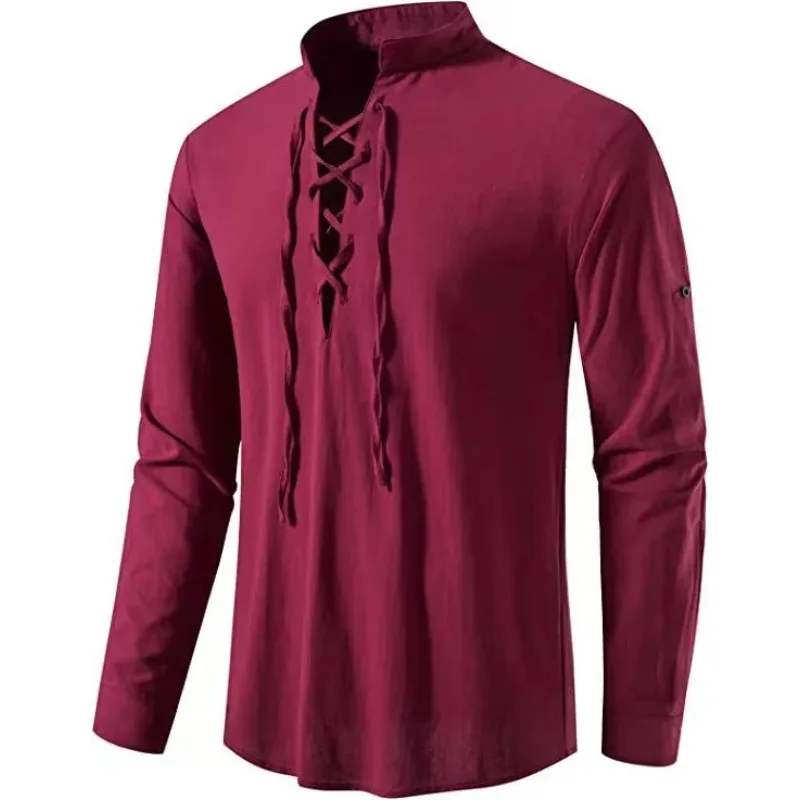 

Men's Linen Shirt V-neck Fashionable Long Sleeved Casual Fashion Versatile Summer Button Cuffed Shirt