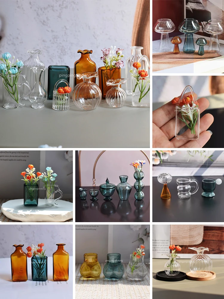 Dollhouse Mini Vase Glass Bottle Handmade Glass Vase Miniature Vase Flower Decoration Doll House Diy Food Play Decoration
