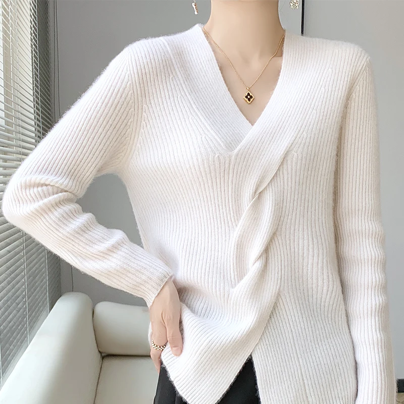 Women 100% Pure Merino Wool V-Neck Cross Twisted Pullover Cashmere Thick Tops Casual Knitted Clothing Fashion Autumn Winter