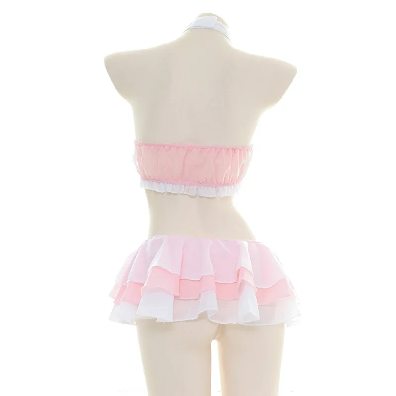 Lolita Girl Anime Cosplay Small Bell Swimsuit Bodysuit Pink Bikini Costume Cute Sweet Cat Ears Ruffles Skirt Lingerie Set