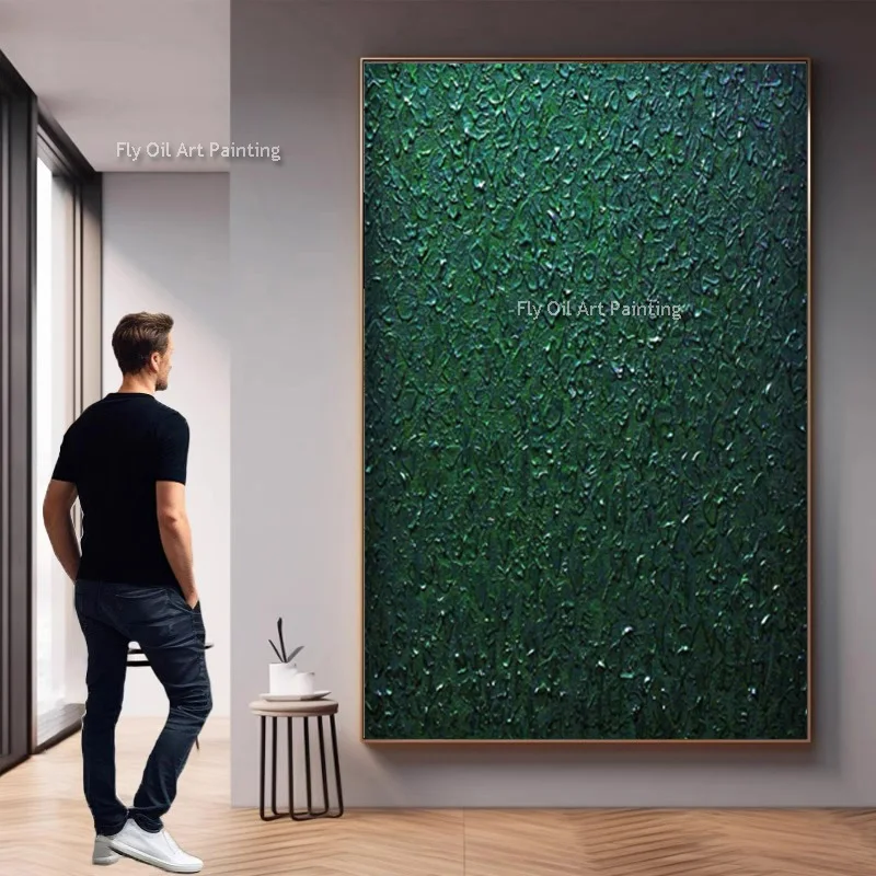 Original Design Artwork Handmade Light Green And White Abstract Thick Canvas Oil Painting Simple Deep Green Wall Art Decor