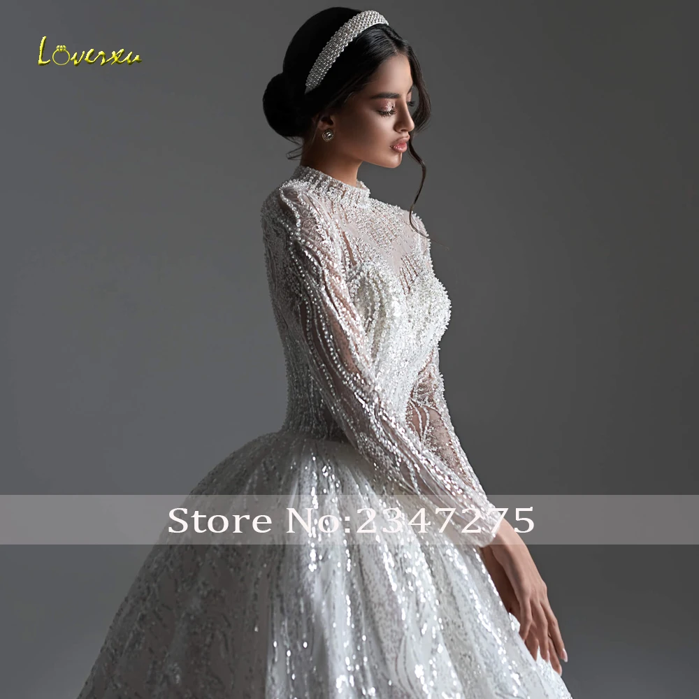 Loverxu Ball Gown Vintage Wedding Dresses 2024 High Neck Long Sleeve Bride Dress Lace Sequined Shiny Court Train Robe De Mariee