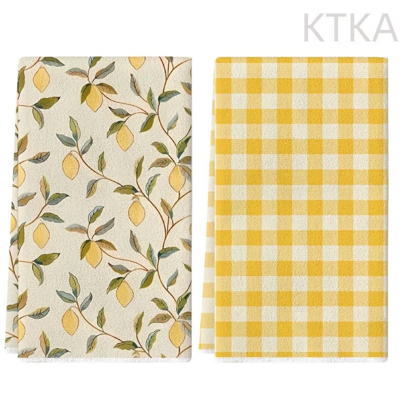2 KTKA lemon checked kitchen towels - yellow lemon dishcloth