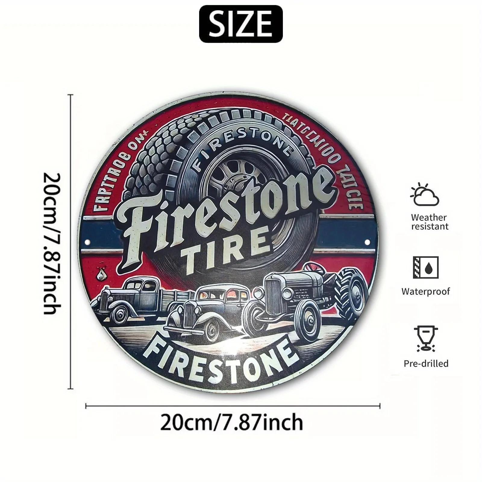 2D Flat - Vintage Firestone Tire Metal Wall Sign - 7.87x7.87 Inch Round Aluminum Plaque with Retro Truck Design, Perfect view 3