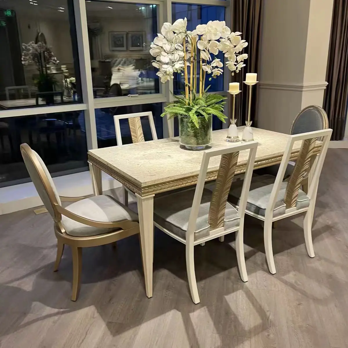 @#Solid Wood Handmade Dining Table Set for 6 French High-End Simple Household Mable Rectangular Dining Table for 5 Stars Hotel