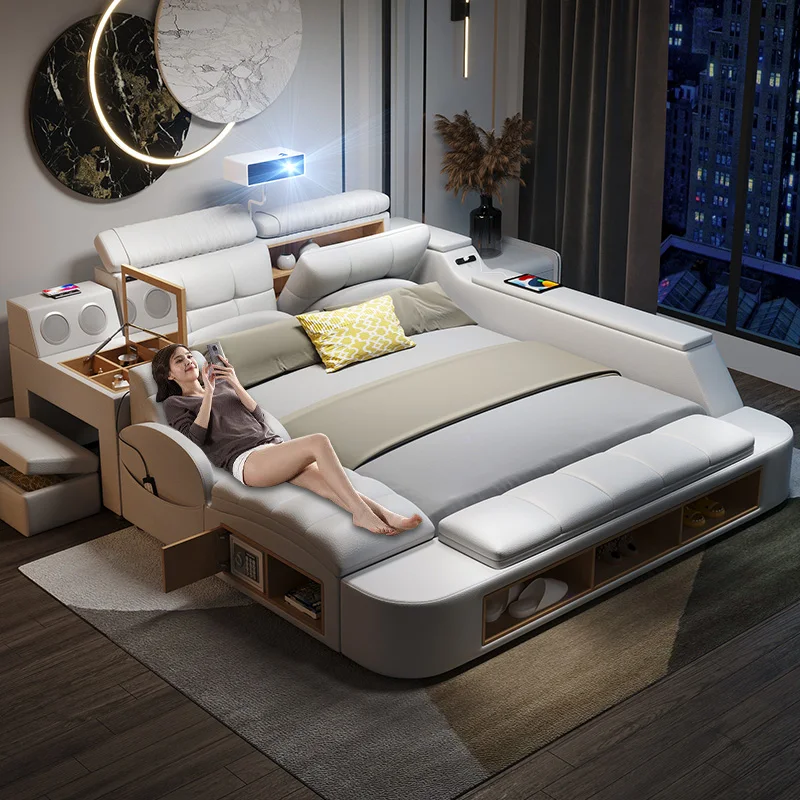 Liehou2 Tech Smart Bed Frame | Multifunctional Ultimate Bed With Massage Tatami And Speaker | Genuine Leather Upholstered Bed