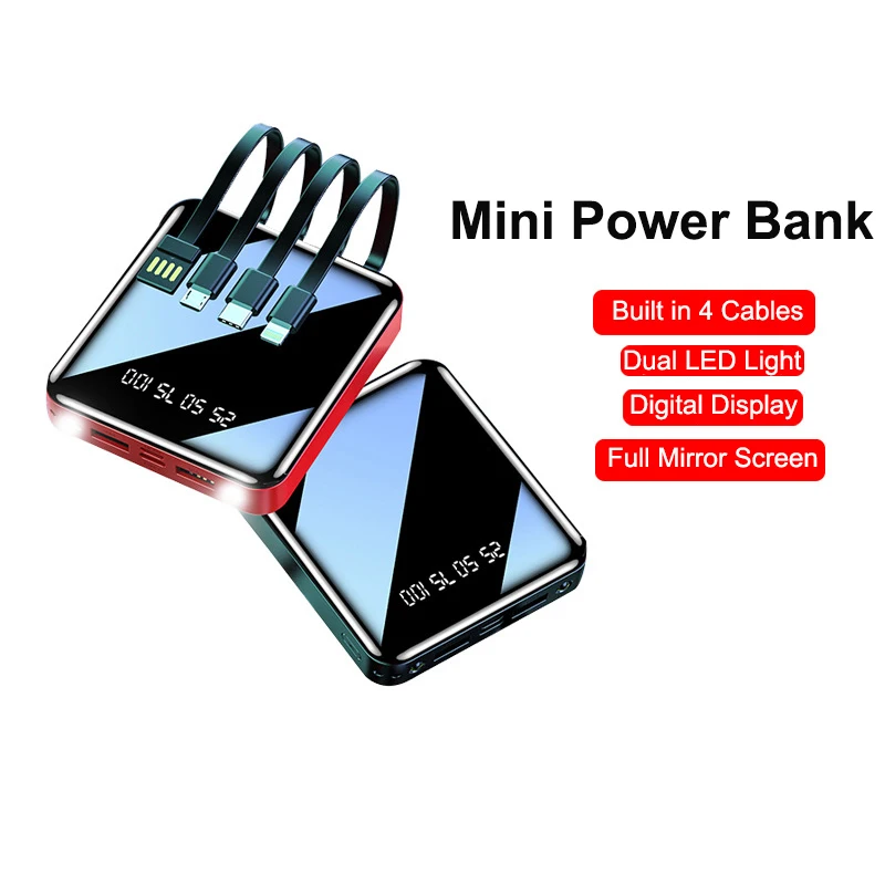 Mini Power Bank 20000mAh Built in Cable Portable Fast Charger Powerbank for iPhone Samsung Huawei Xiaomi External Spare Battery