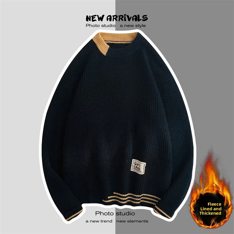 

Мужской вязаный свитер Thiened Fce с круглым вырезом, свободный крой, зимняя повседневная одежда, ретро-американский стиль, с длинными рукавами, базовая модель