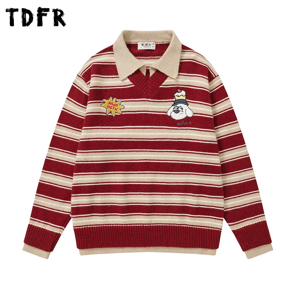

Contrast Striped Sweater Mens Cartoon Embroidery Retro Casual Autumn Winter Spliced Lapel Long Sleeve Knitted Pullover Man