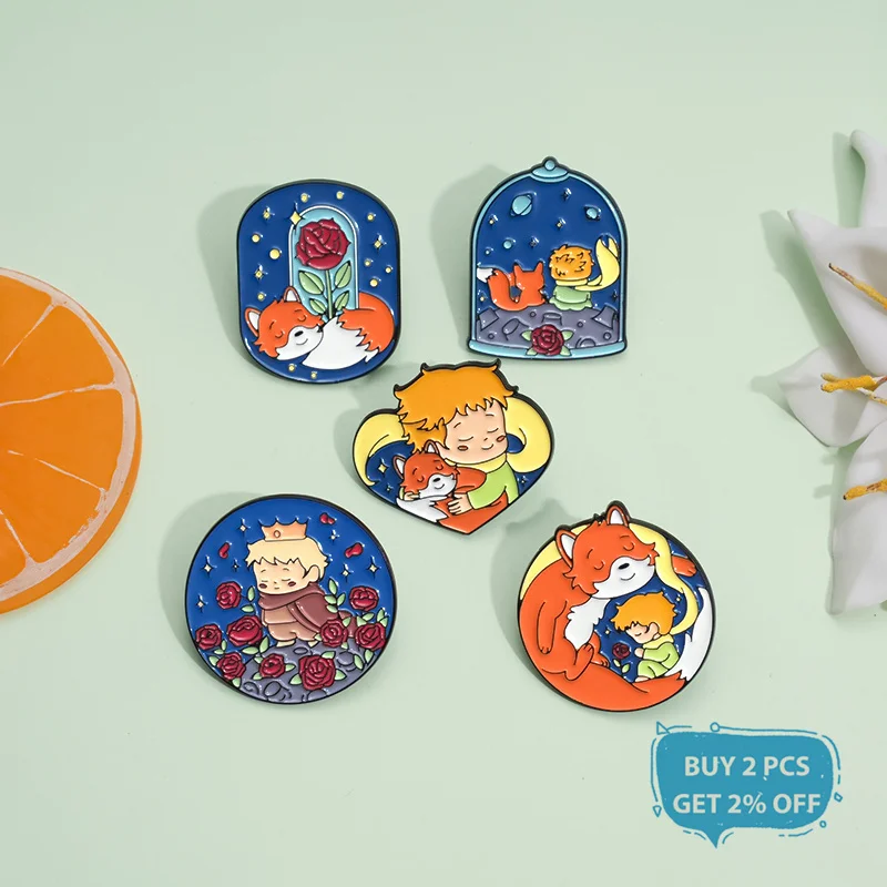 Boys with Fox Rose Enamel Pins Cartoon Animated Movies Moon Star Paper Boat Brooches Lapel Badge Jewelry Gifts for Kids Friends