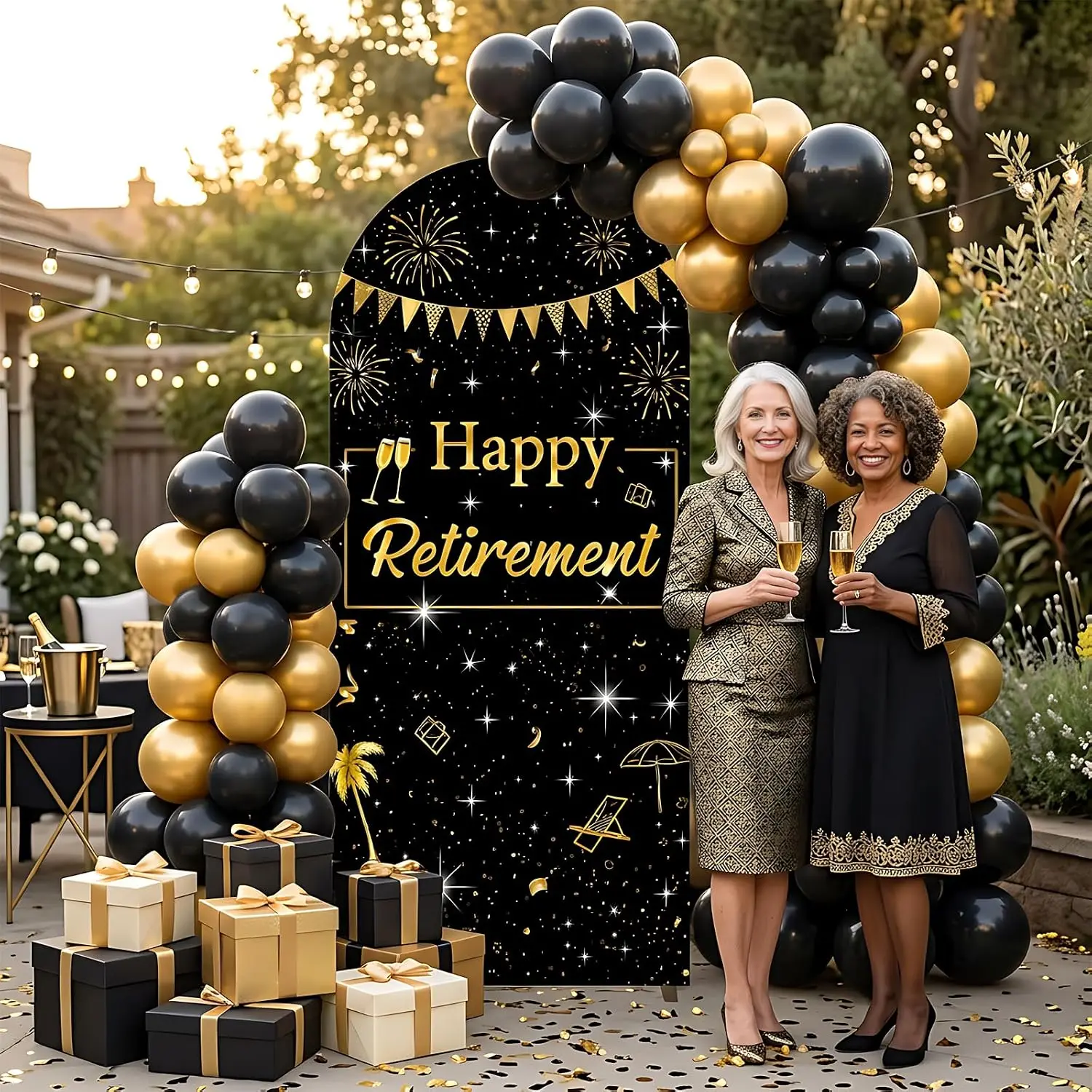 Custom 2-sided Happy Retirement Arch Backdrop Cover Black Golden Retirement Party Decor Happy Retired Backdrop for Men Women
