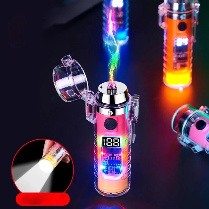 Windproof and Waterproof Can Be Illuminated Double Arc Lighter Three-Color Light Transparent USB Rechargeable High-Tech Lighters