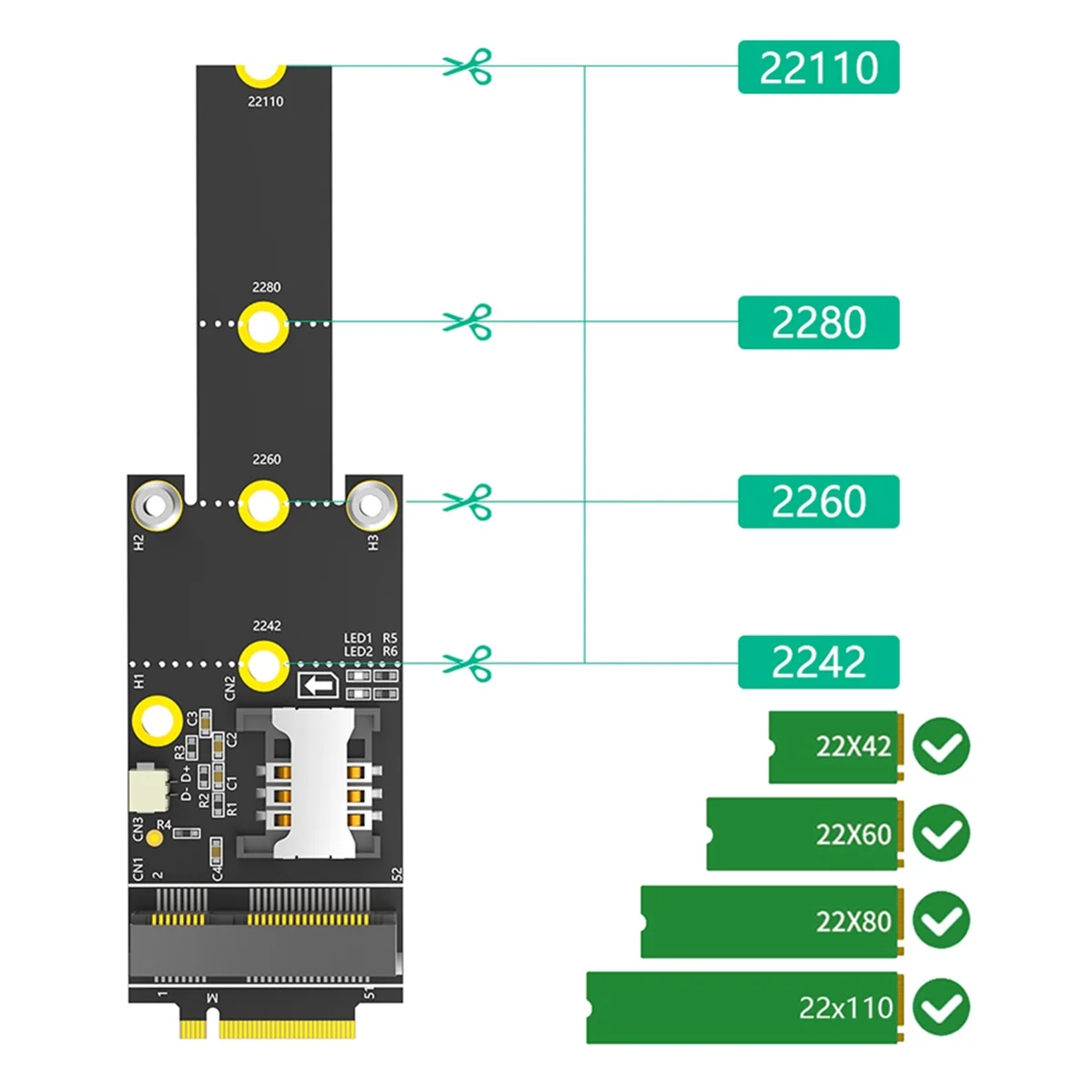 Adaptador Mini PCI-E a M.2(NGFF) Key M con ranura para tarjeta SIM para módulo WiFi/WWAN/LTE