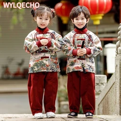 Winter Children Chinese Style Red Tang Suit Baby Boys Gril Hanfu Weave Qipao Coats Pants Oriental Kids New Year Clothes Set