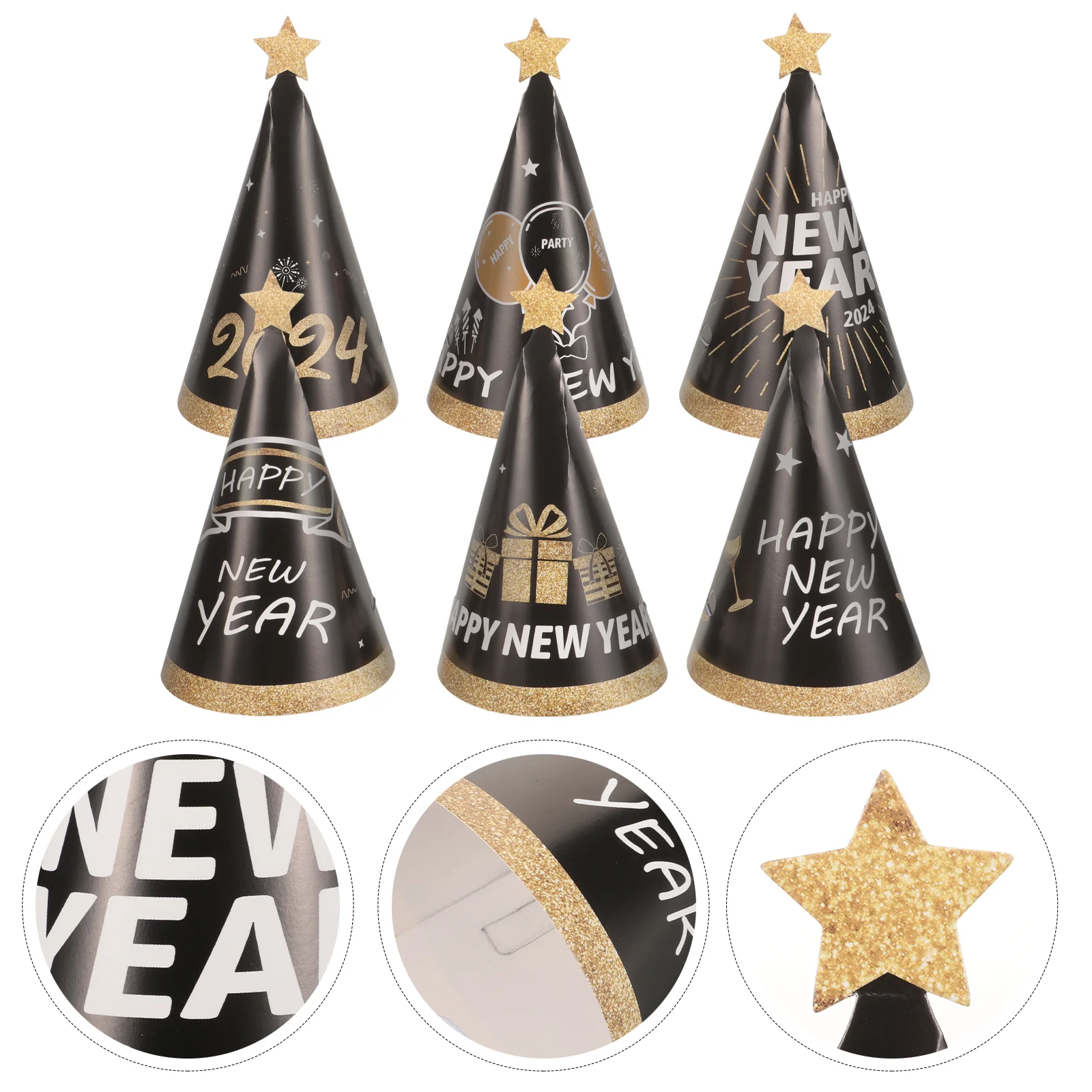 6 Pcs 2024 Happy New Year Themed Paper Hat Adult Party Hats Cone Decorate Light and Compact Lightweight