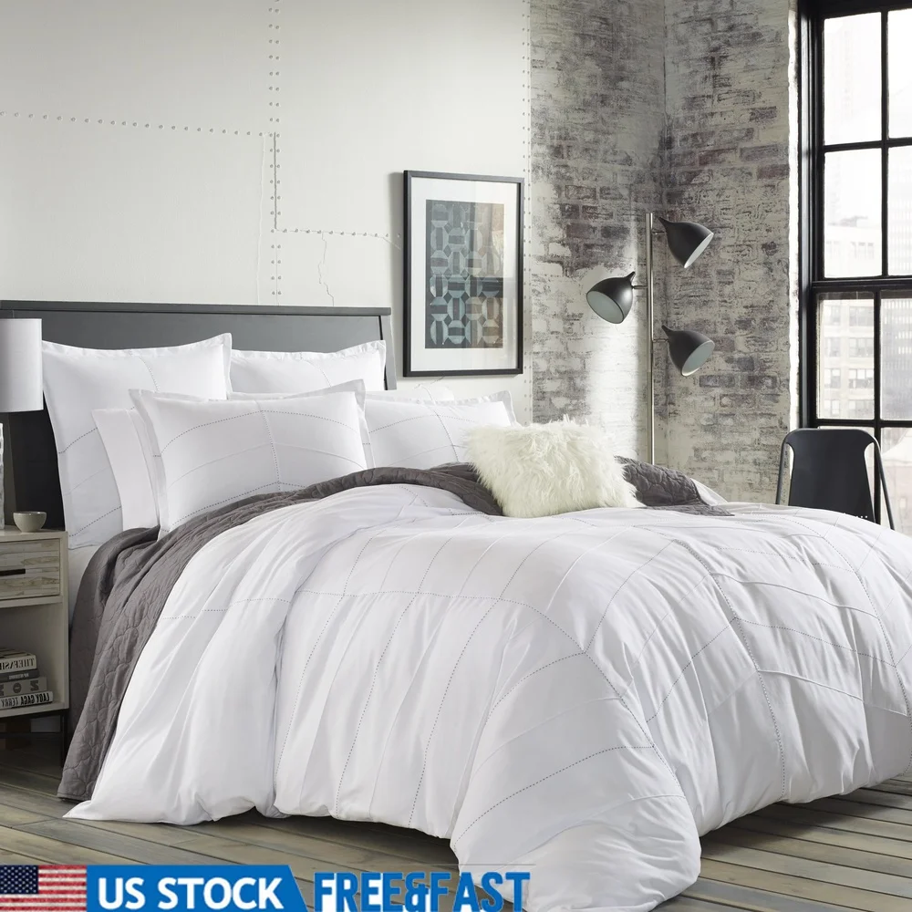

Modern White Chevron Duvet Set Full Queen with Pin Tuck Rice Stitching Machine Washable Inner Corner Ties Reversible Shams