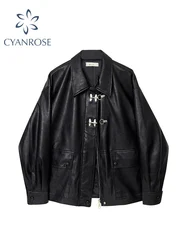 2022 Autumn Winter New PU Leather Jacket Women's Vintage Black Motorcycle Coat Female Korean Casual Loose Streetwear Outwear