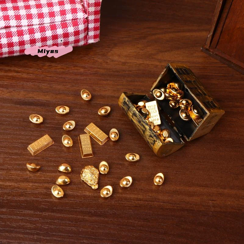 1Set Dollhouse Miniature Treasure Box 1/12 Mini Simulation Pirate Treasure Chest Ingot Gold Bar Model Doll House Decor Accessory