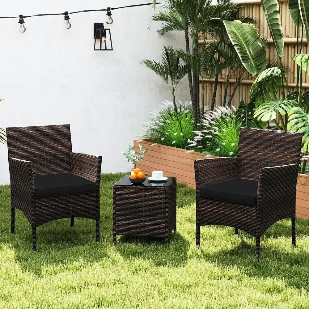 3 Pieces Patio Rattan urniture Set, Outdoor Contion Set with PE Wicker Armchairs, Tempered Glass Top Coee Table, Sot Removable C