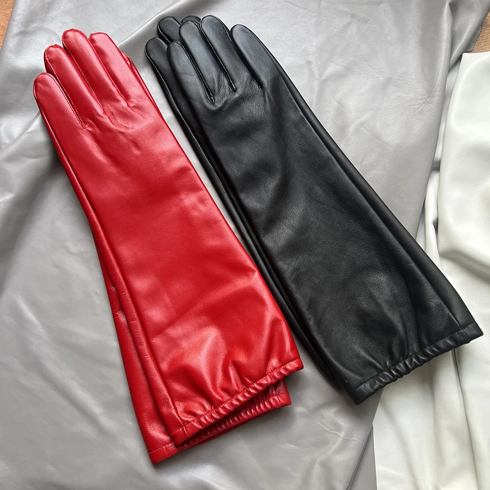 Men's 40cm Length Long Glove Women's Leather Gloves Red Black Elastic Mouth Long gloves