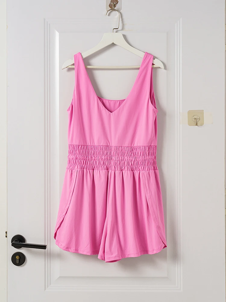 2024 Wiosna Lato Różowy Nowy Solidny Kombinezon Dla Kobiet Prosty Wszechstronny Elastyczny Pas Jednoczęściowy Szykowny Kwadratowy Kołnierzyk Obcisły Siamese