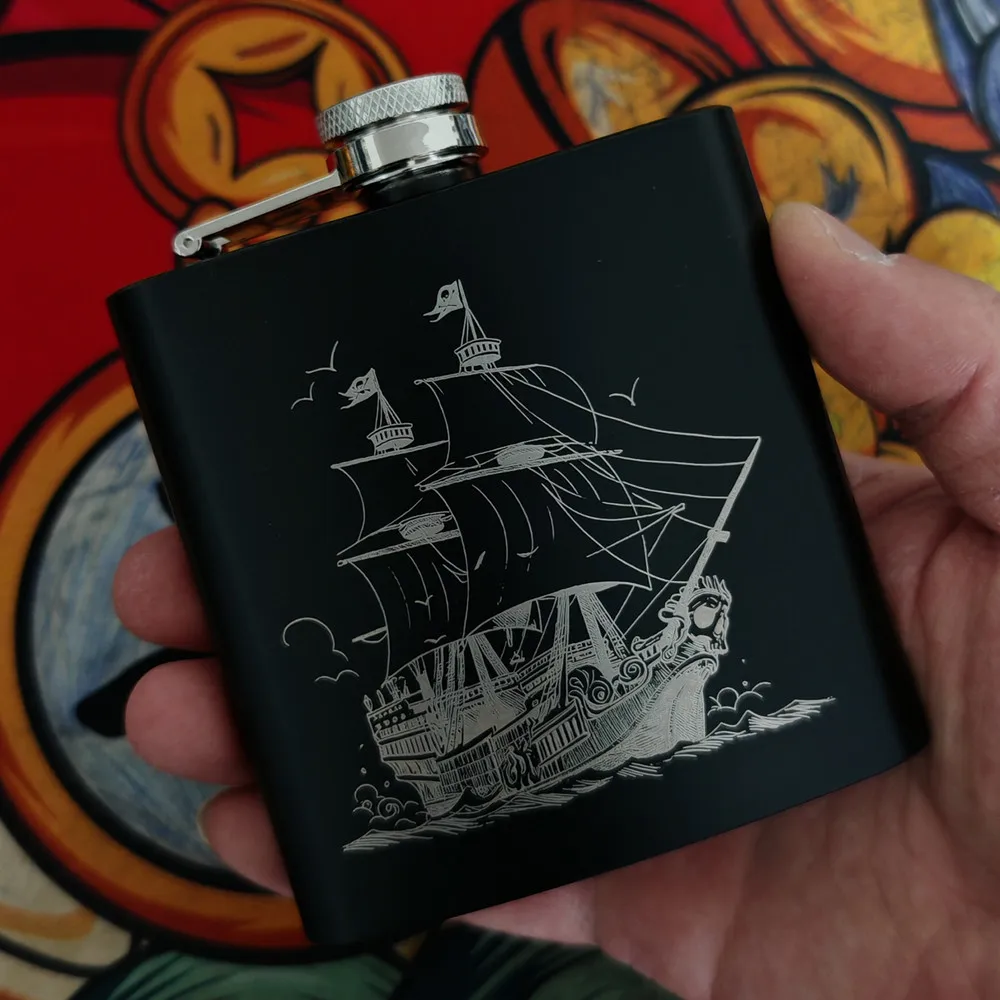 Pirate Ship Outdoor Drink ware Stainless Steel 304 6OZ Hip Flasks For Liquor Alcohol Black Color Flask Gift For Man