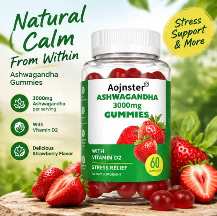 Ashwagandha Gummies 3000mg with Vitamin D2 Stress Relief Strawberry Flavor Dietary Supplement 60 Count