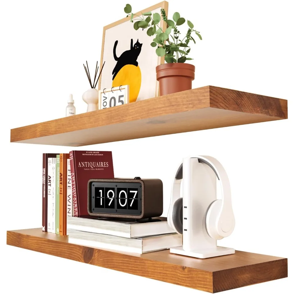 

Floating Shelves, Wall Shelf for Bathroom Bedroom Kitchen, Natural Pine Real Wooden Shelves, Wall Mounted, 100% Pine, Set of 2,