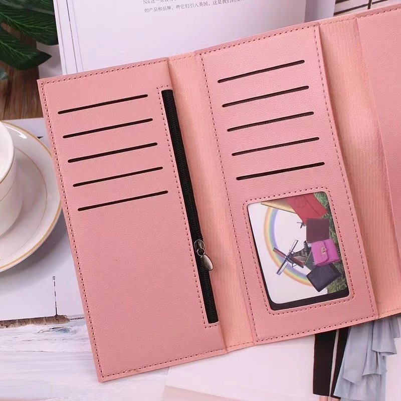 Home PU Leather Women Wallets Luxury Long Hasp Fold-over Pattern Coin Purses Female Solid Color Thin Clutch Phone Storage Bag