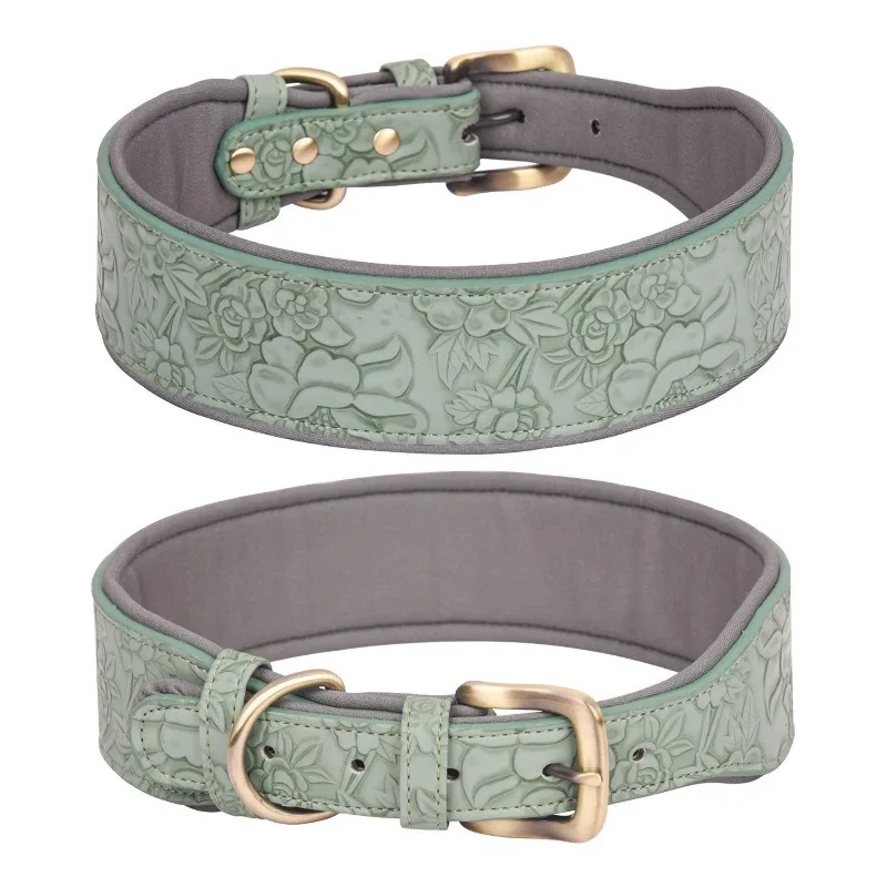 Cute Embossed PU Leather Dog Collar with Space Cotton Padding Adjustable Necklace Alloy Buckle D-Ring Sofe Collar for Pets