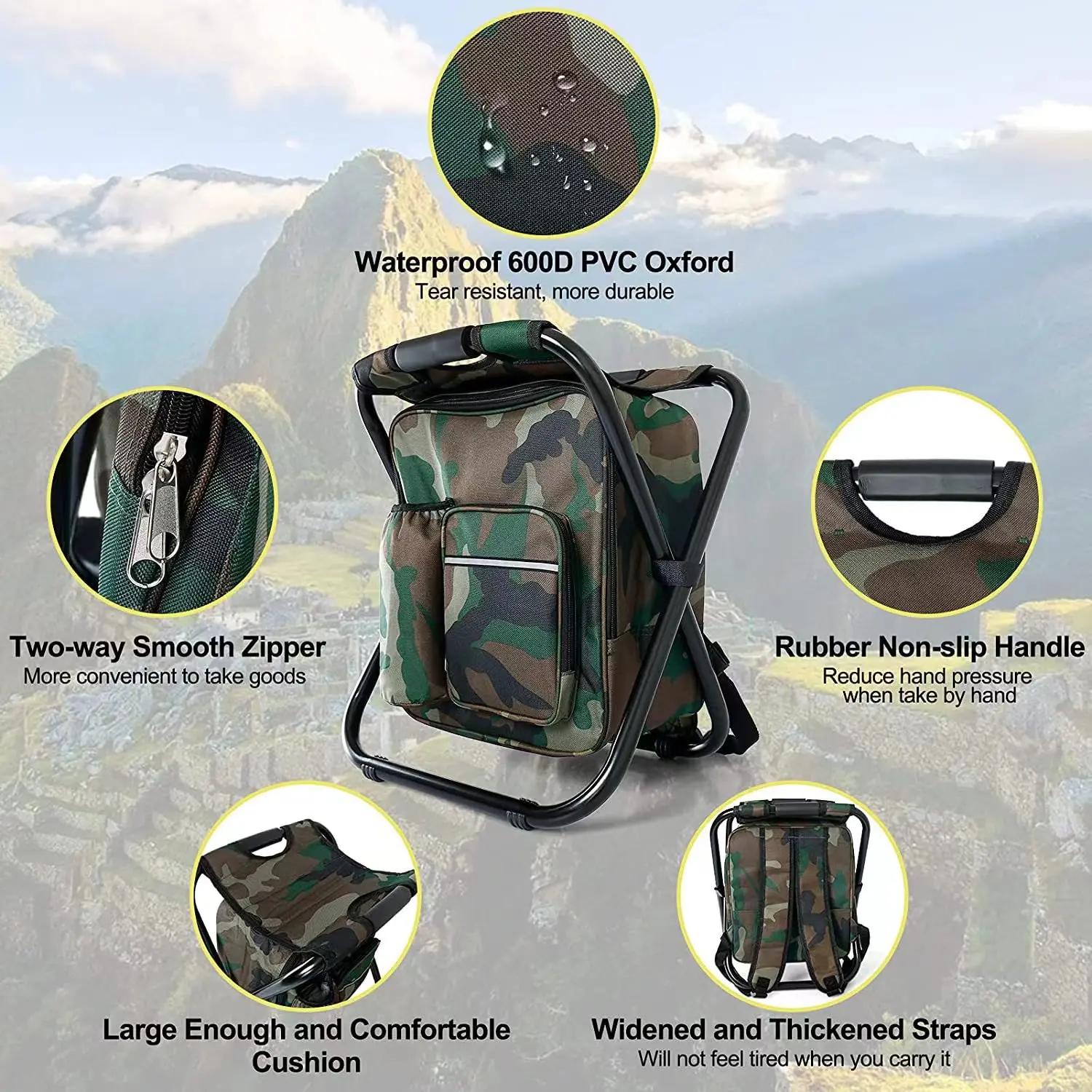 Outdoor Folding Stool with Backpack Stool Picnic Camping Fishing Chair Portable Army Green Hiking Stool