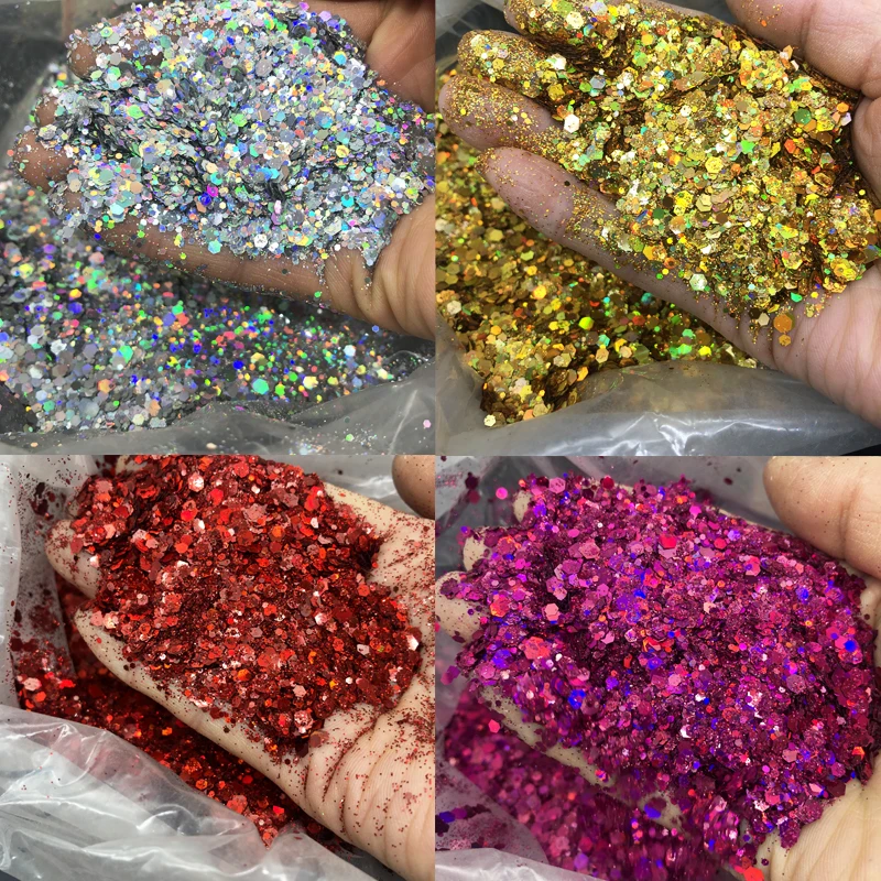 50 g/borsa olografica argento grosso glitter paillettes 0.2/1/2.5 ultra-sottile misto esagono fiocchi per unghie viso trucco nail art glitter