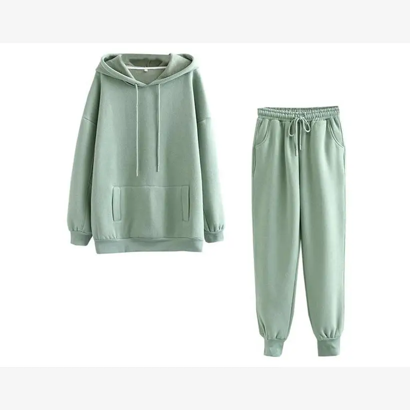 2020 New Autumn Winter Hooded Sweatirt Fce Lined Thiened Loose Top Bot Set Women's Faion Casual Wear