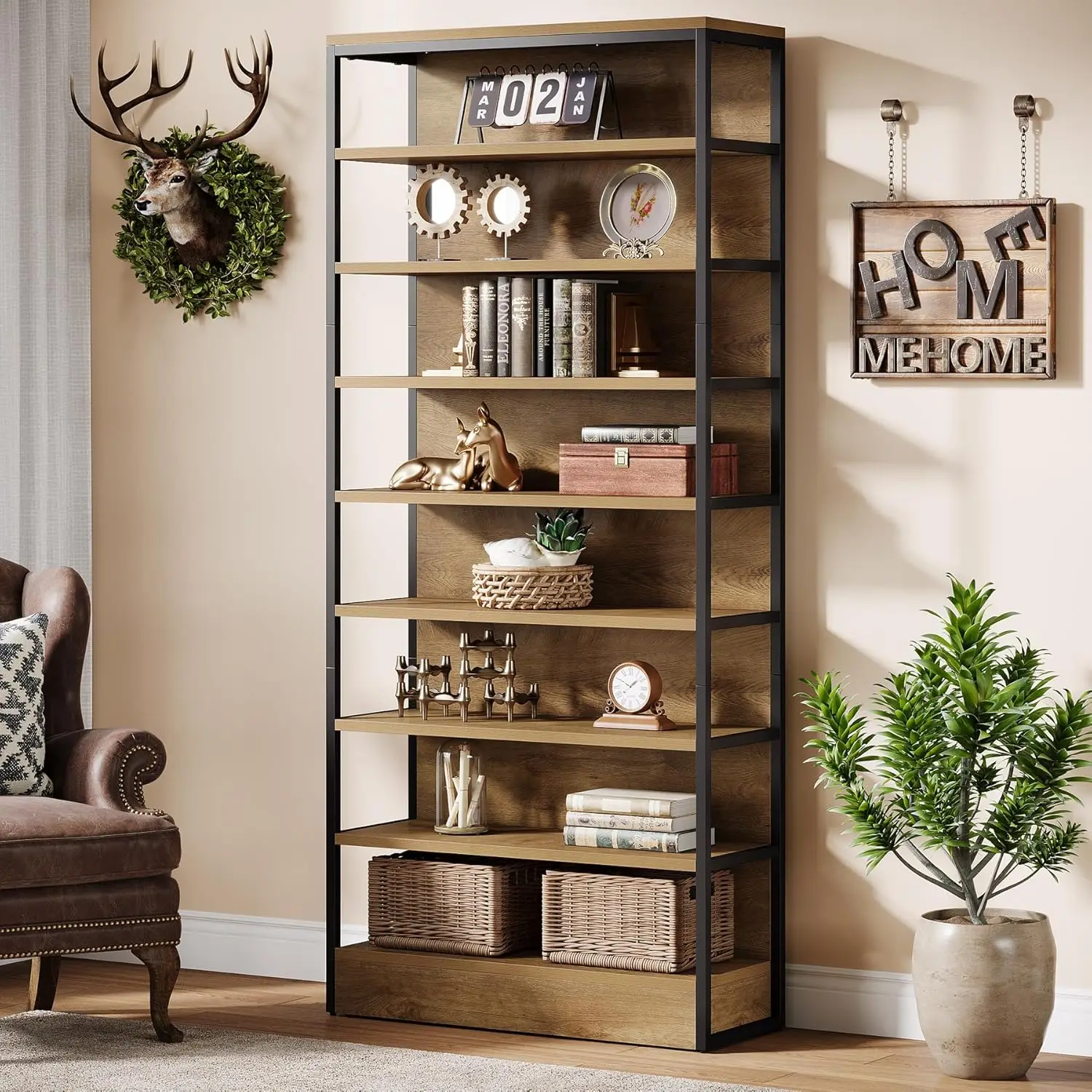 

71" Tall Bookshelf, 8-Tier Industrial Etagere Bookcase with Back, Vintage Floor Stand Storage Organizer Shelving for Living Room