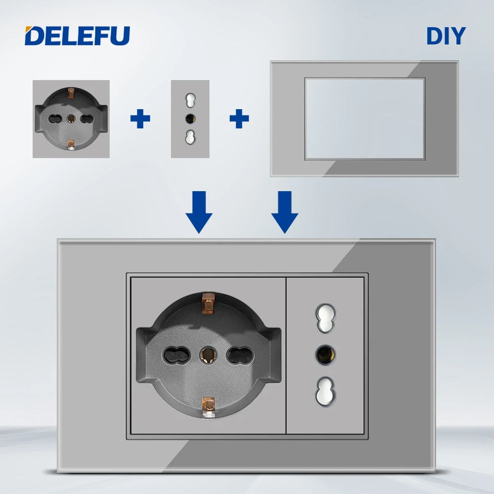DELEFU Włoskie gniazdo DIY Tablica USB Typ C Przełącznik dzwonka 45A 20A Zasłona Telefon CAT5 TV HDMI SAT Smart Grey