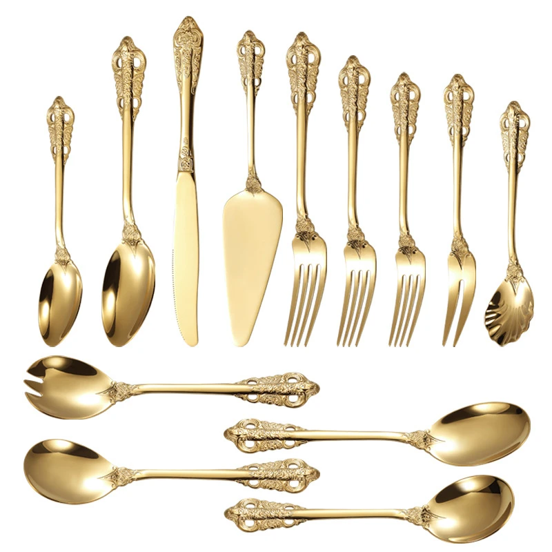 Kitchen Silver Gold Tableware Set Stainless Steel Royal Dessert Serving Spoon Forks Steak Knives Cutlery Western Dinnerware Gift