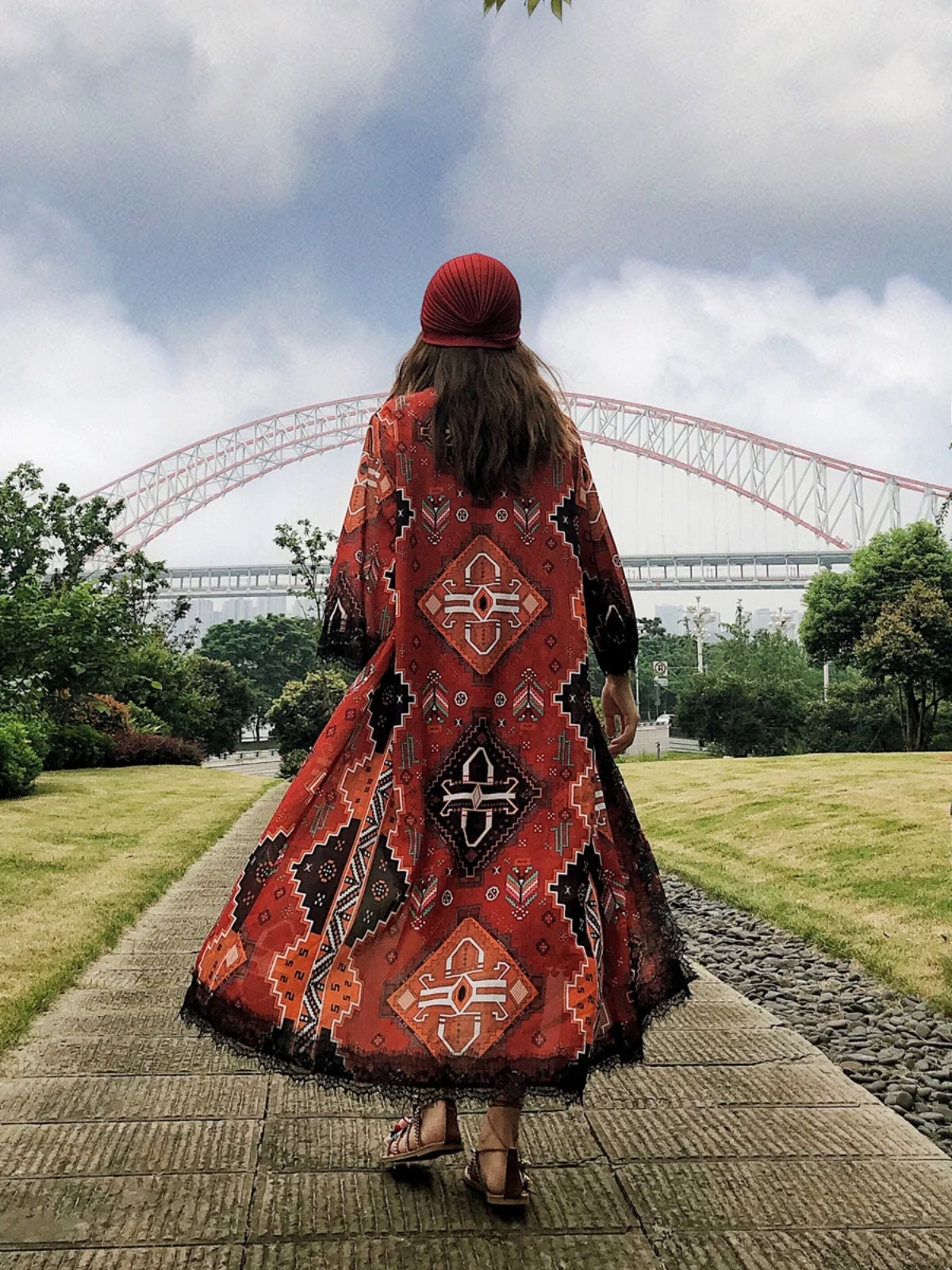 

Long Printed Lace Patchwork Ethnic Style Women's Open Cardigan Shawl Collar Cashmere Blend Fleece Loose Fit Autumn Outerwear