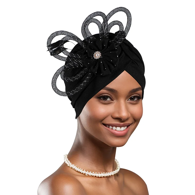 Fashion Feather Flower Turban Cap for Women Party Headpiece Hat African Head Wraps Bonnet Muslim Wrap Headscarf Turbante Mujer