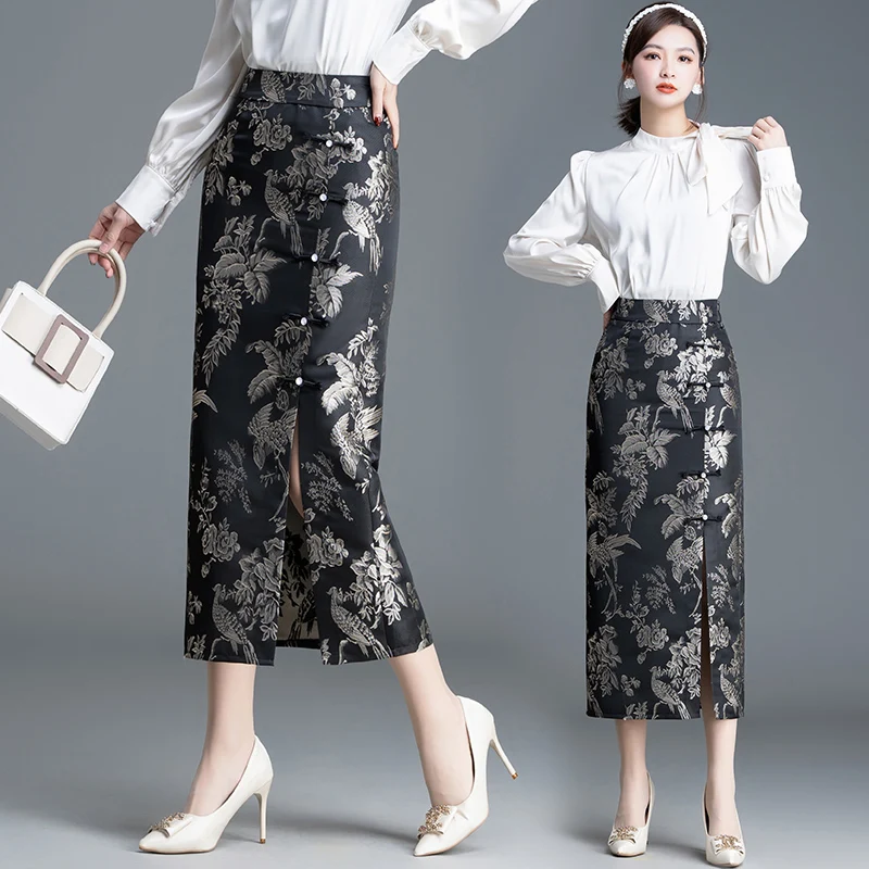 

Элегантная ретро-юбка из атласа с цветочной вышивкой, высокой талией, асимметричным подолом, облегающая, из полиэфирного волокна, коллекция Весна 2024